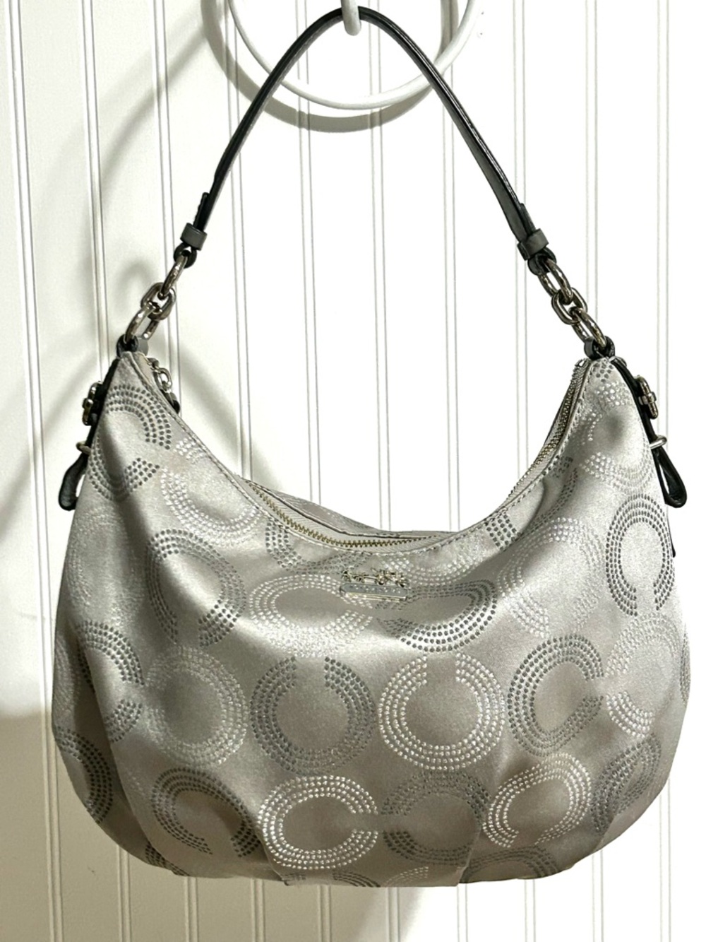 COACH “Maddison”  Dotted Op Art Convertible Hobo, Style F15929, Silver - Picture 2 of 16